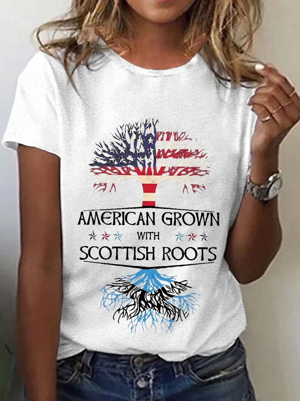 T-shirts Décontracté Été Le jour de l'indépendance (Drapeau) Coton Manches Courtes Col Rond Régulier Droit Élasticité moyenne pour Femmes