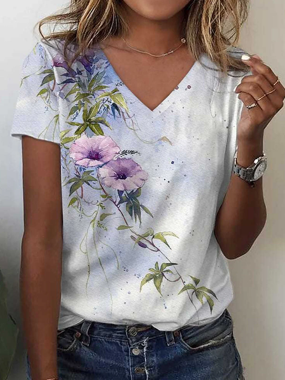 T-shirts Femmes Décontracté Floral Été Polyester Micro-élasticité Ample Régulier Droit Régulier