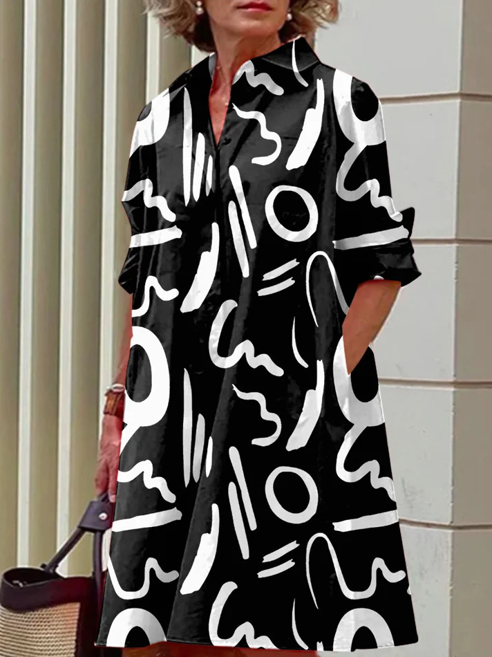 Femmes Impression aléatoire Couleur 1 Col de Chemise Confortable Couture de poche Robe Mi-Longue Décontracté
