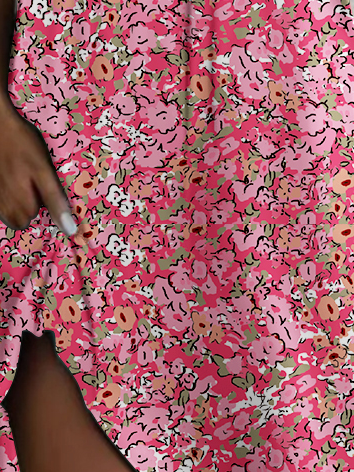 Femmes Petites fleurs Rose Col Rond Confortable Robe Mi-Longue Décontracté