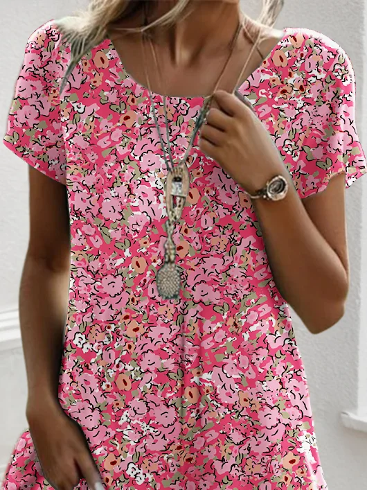 Femmes Petites fleurs Rose Col Rond Confortable Robe Mi-Longue Décontracté