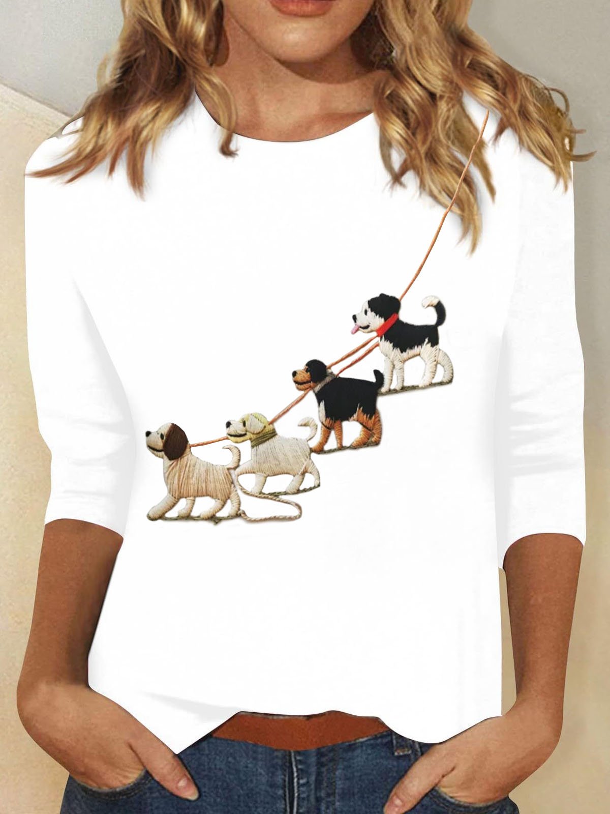 T-shirts Femmes Décontracté Printemps / Automne Chien Quotidien Col Rond en Mélangé de Coton Régulier Régulier Élasticité moyenne