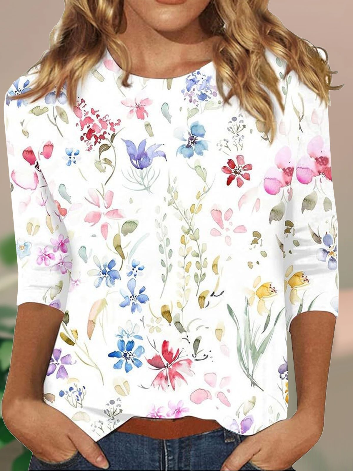 T-shirts Décontracté Ethnique Printemps / Automne Micro-élasticité Quotidien Manches trois quarts Col Rond Régulier Régulier pour Femmes