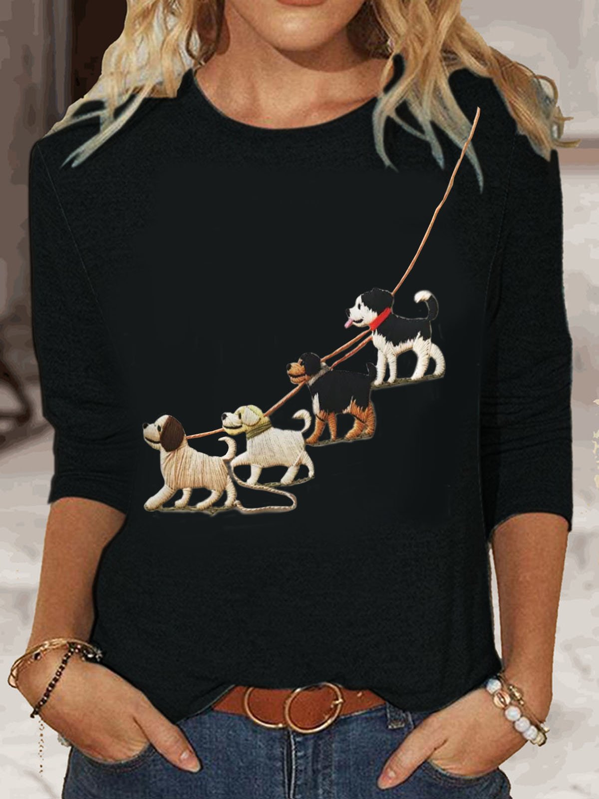 T-shirts Femmes Décontracté Printemps / Automne Chien Quotidien Col Rond en Mélangé de Coton Régulier Régulier Élasticité moyenne