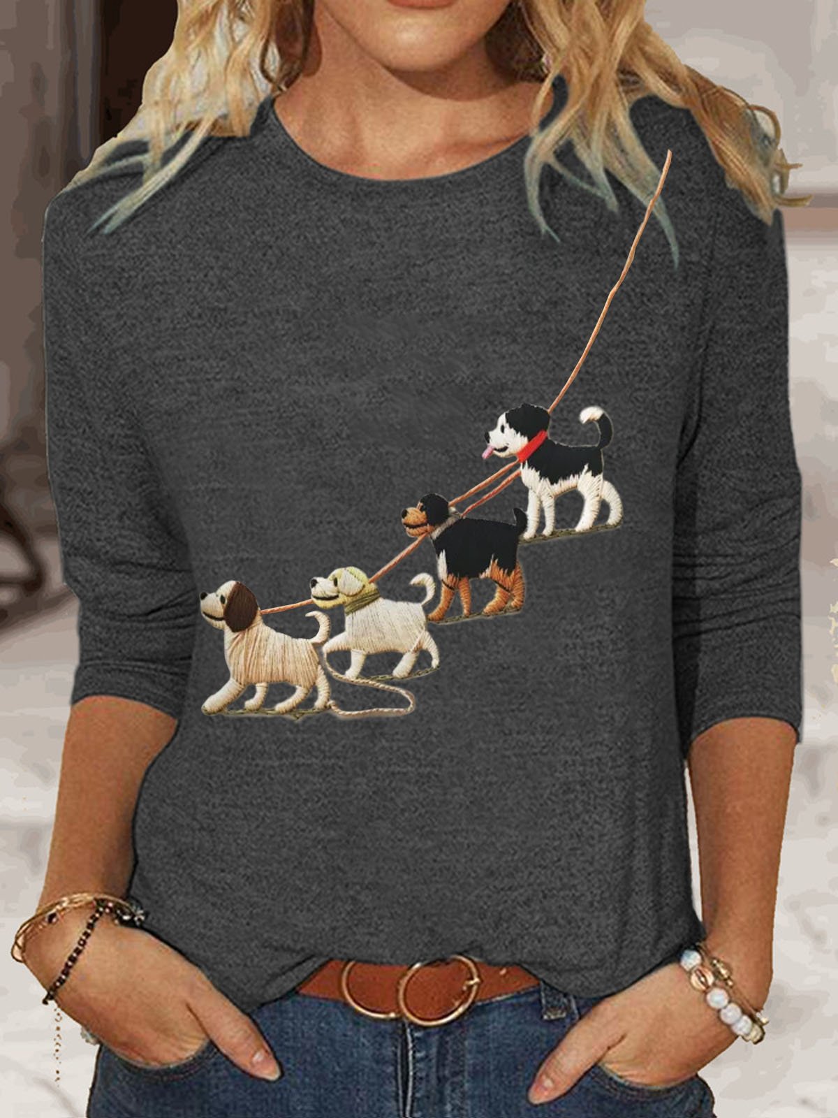 T-shirts Femmes Décontracté Printemps / Automne Chien Quotidien Col Rond en Mélangé de Coton Régulier Régulier Élasticité moyenne