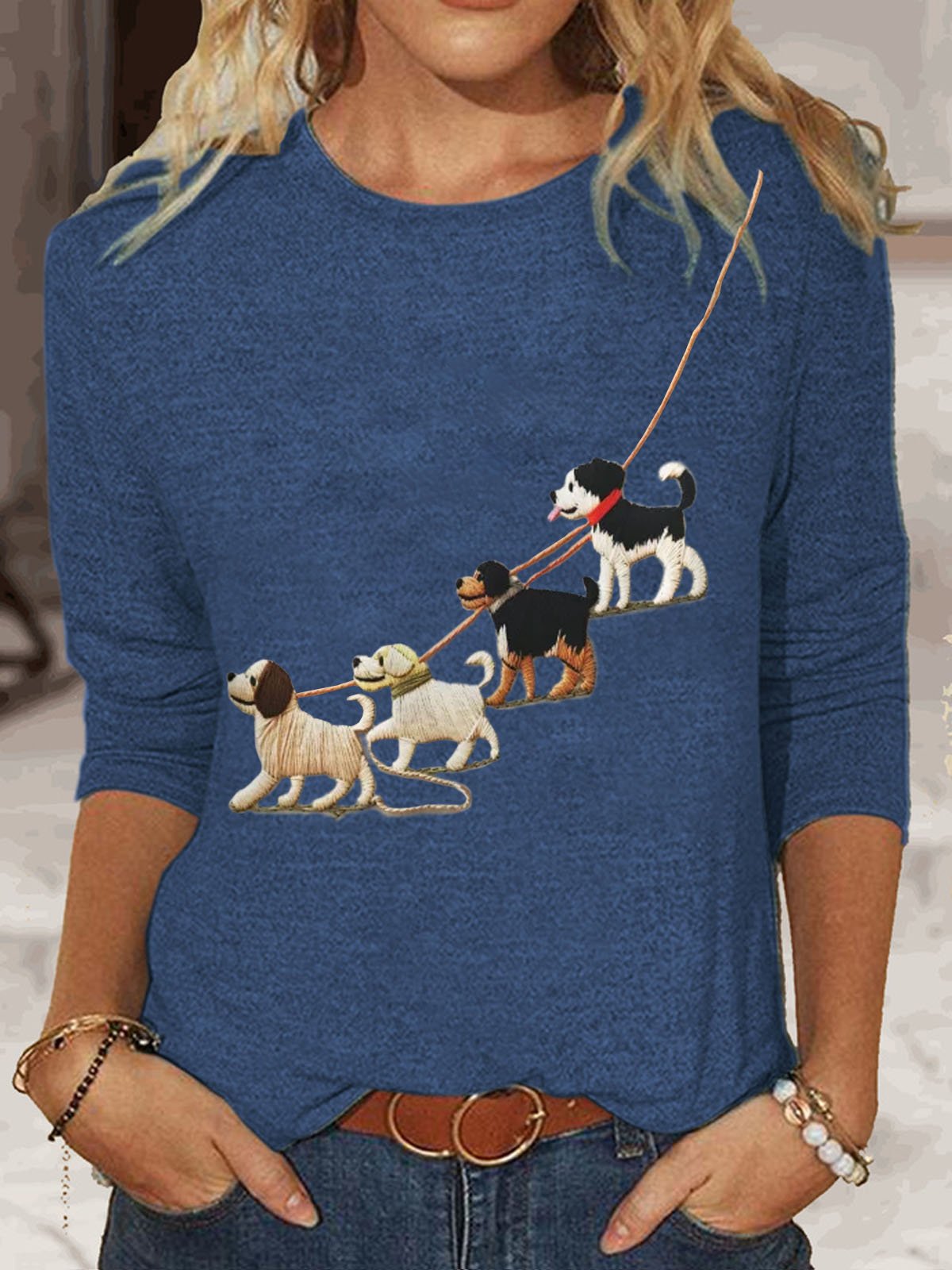 T-shirts Femmes Décontracté Printemps / Automne Chien Quotidien Col Rond en Mélangé de Coton Régulier Régulier Élasticité moyenne