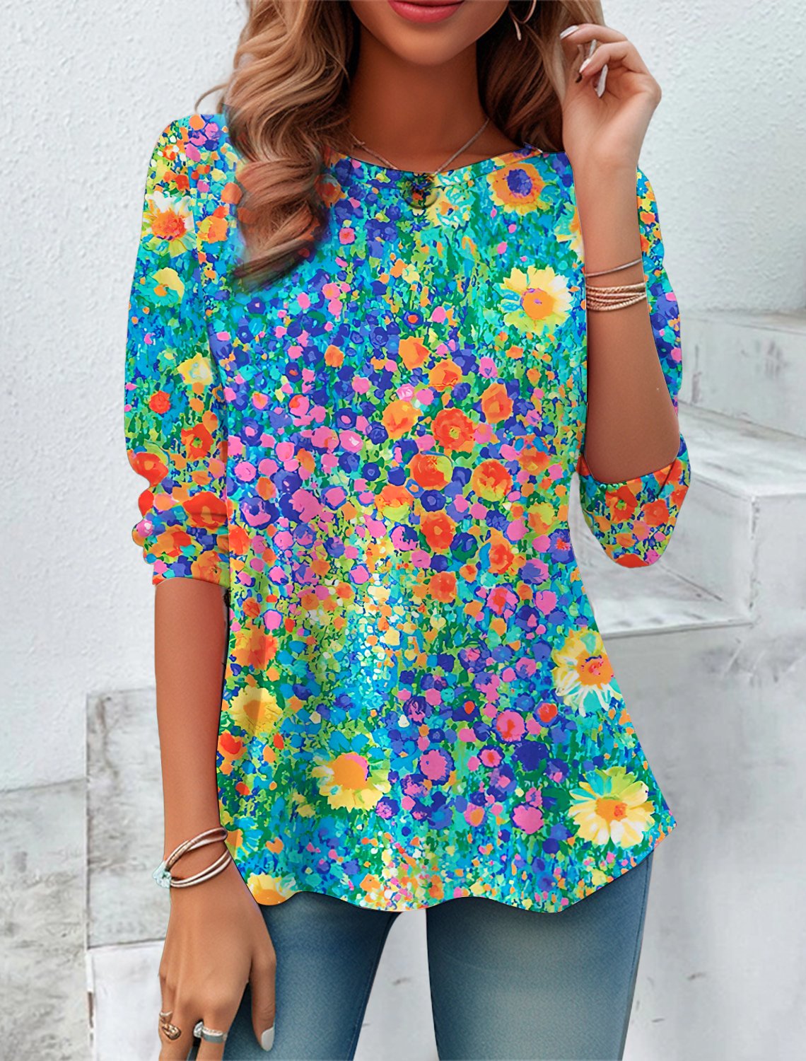 T-shirts Femmes Décontracté Floral Printemps / Automne Ample Jersey Manches Longues Col Rond Régulier T.-N.-L.