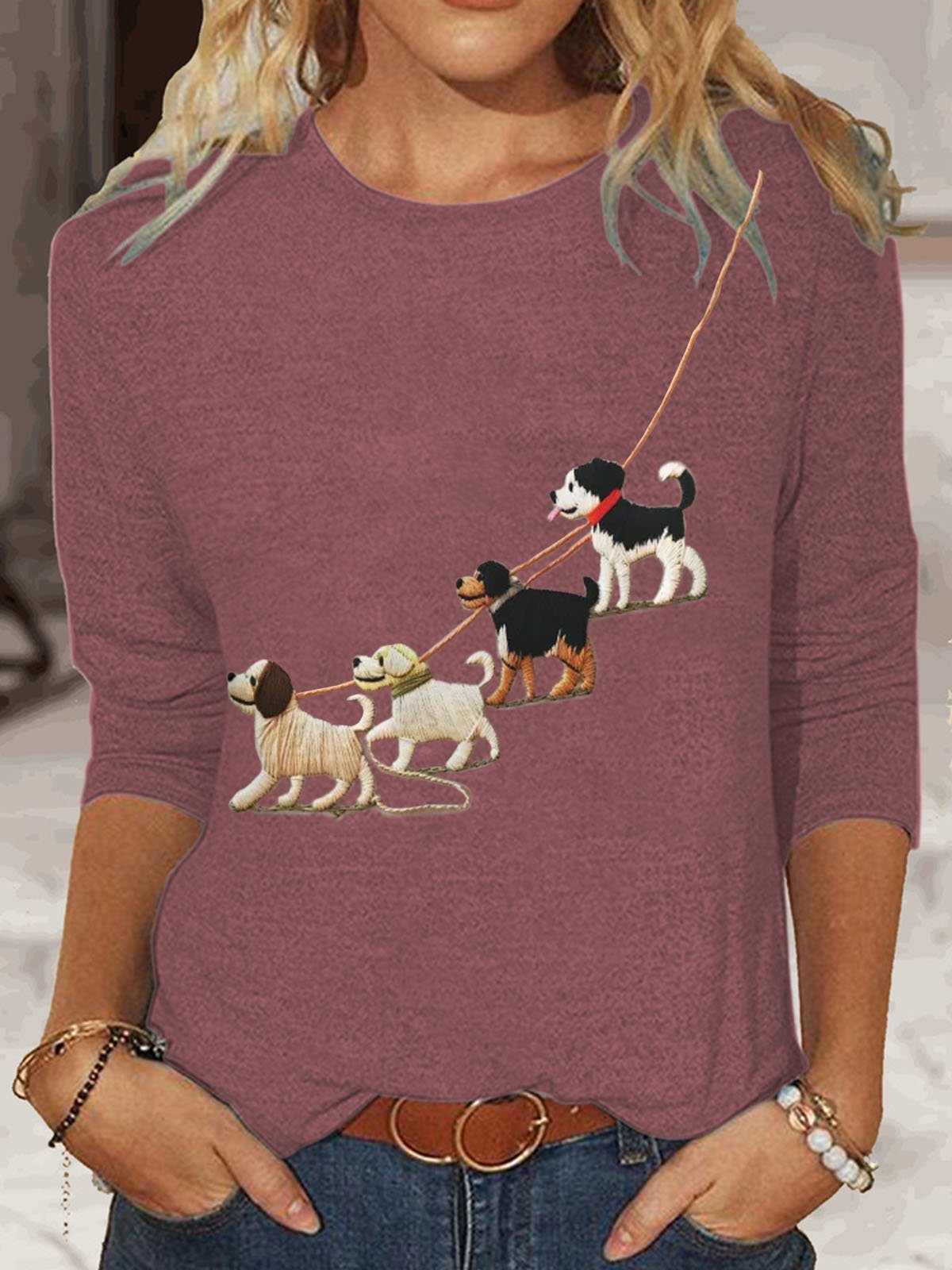 T-shirts Femmes Décontracté Printemps / Automne Chien Quotidien Col Rond en Mélangé de Coton Régulier Régulier Élasticité moyenne