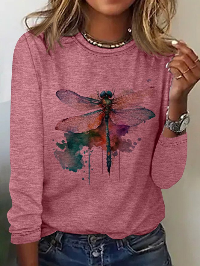 T-shirts Femmes Décontracté Printemps / Automne Libellule Quotidien Manches Longues Col Rond en Mélangé de Coton Droit Oui
