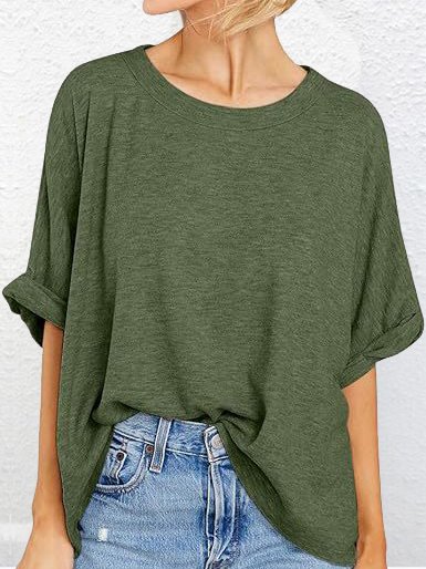 T-shirts Décontracté Plain Été Micro-élasticité Ample Demi Manche Col Rond Droit Régulier pour Femmes