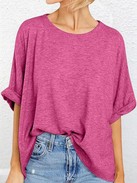 T-shirts Décontracté Plain Été Micro-élasticité Ample Demi Manche Col Rond Droit Régulier pour Femmes