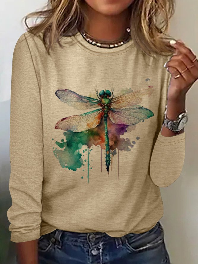 T-shirts Femmes Décontracté Printemps / Automne Libellule Quotidien Manches Longues Col Rond en Mélangé de Coton Droit Oui