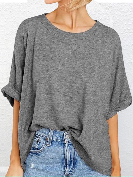 T-shirts Décontracté Plain Été Micro-élasticité Ample Demi Manche Col Rond Droit Régulier pour Femmes