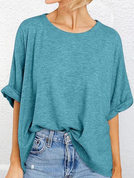 T-shirts Décontracté Plain Été Micro-élasticité Ample Demi Manche Col Rond Droit Régulier pour Femmes