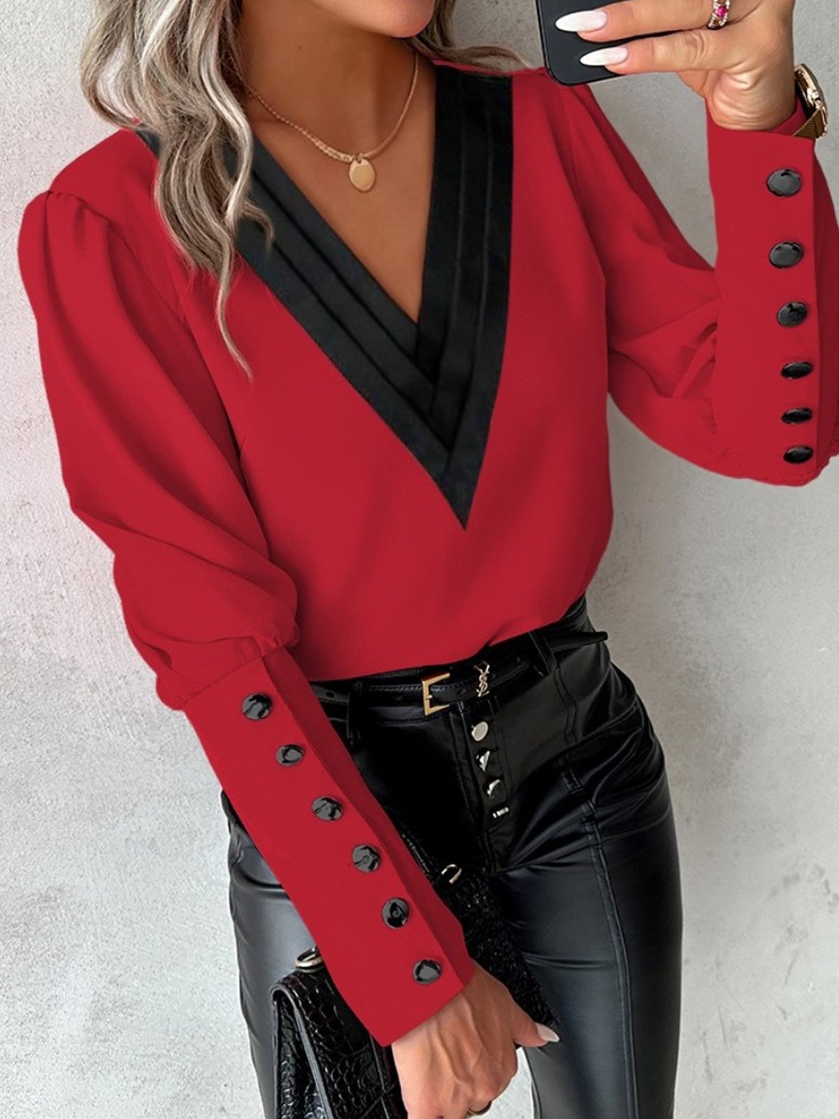 Chemisiers1 Décontracté Bloc de Couleur Printemps / Automne Polyester Col V Aucune élasticité Quotidien Droit Régulier pour Femmes