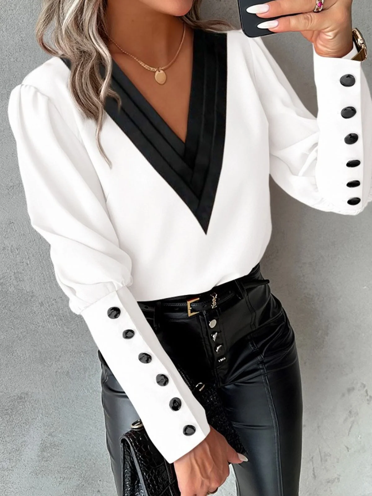 Chemisiers1 Décontracté Bloc de Couleur Printemps / Automne Polyester Col V Aucune élasticité Quotidien Droit Régulier pour Femmes