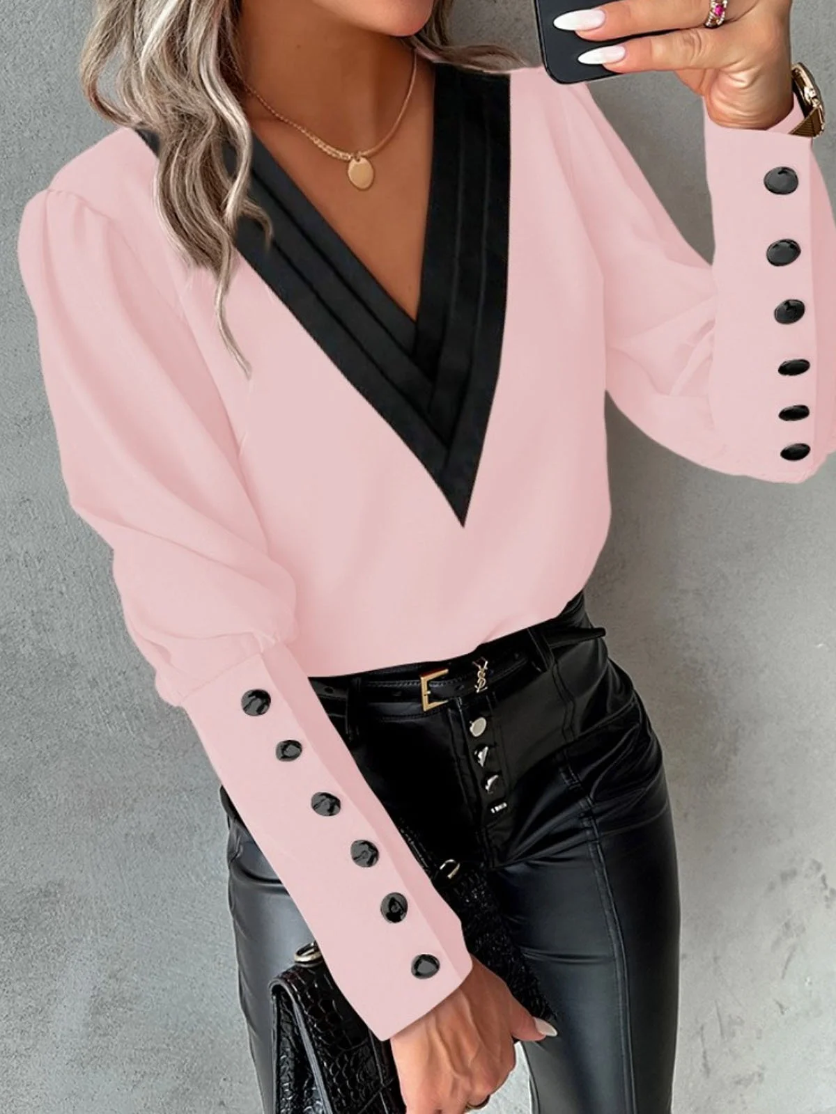 Chemisiers1 Décontracté Bloc de Couleur Printemps / Automne Polyester Col V Aucune élasticité Quotidien Droit Régulier pour Femmes