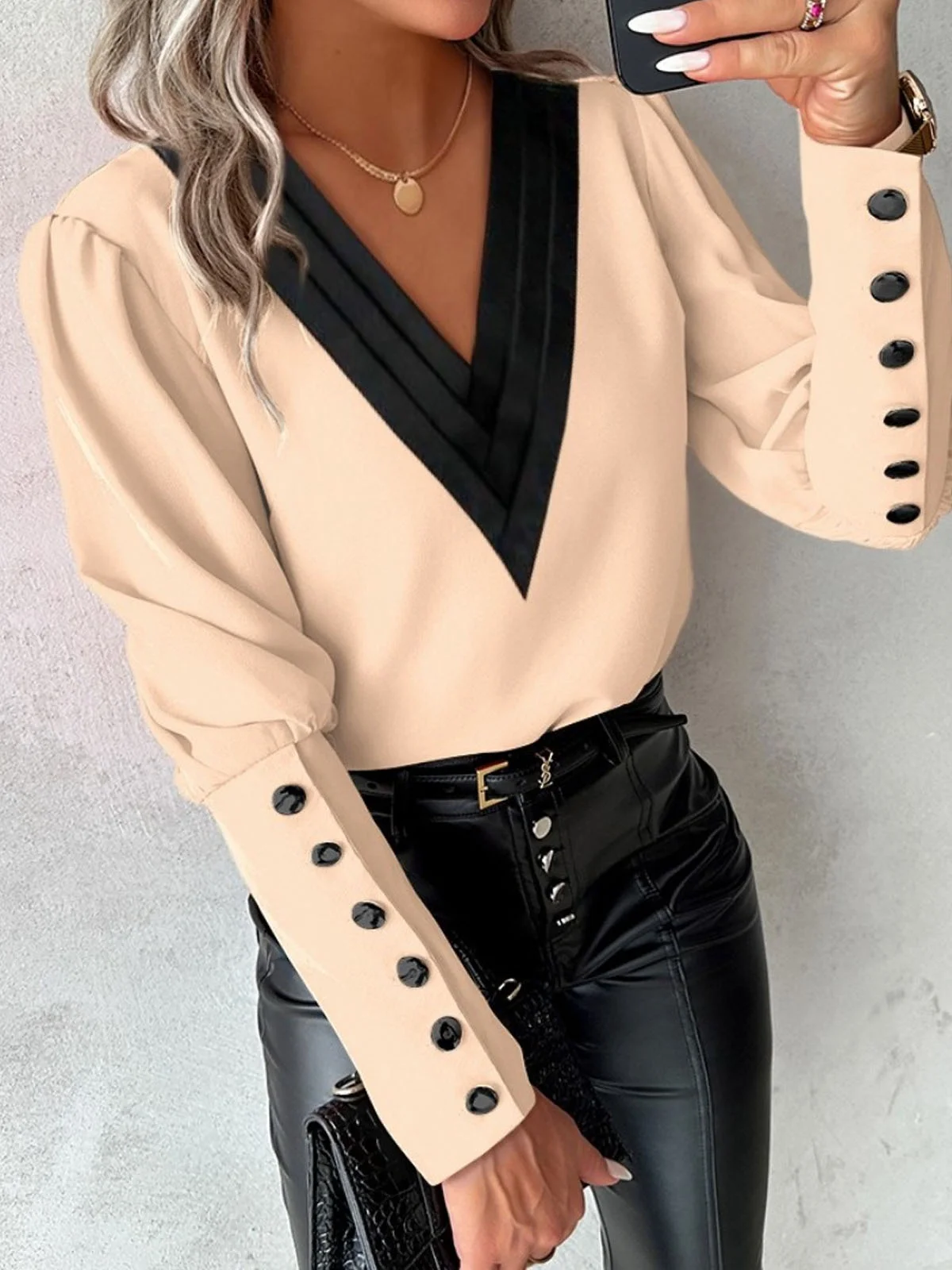 Chemisiers1 Décontracté Bloc de Couleur Printemps / Automne Polyester Col V Aucune élasticité Quotidien Droit Régulier pour Femmes