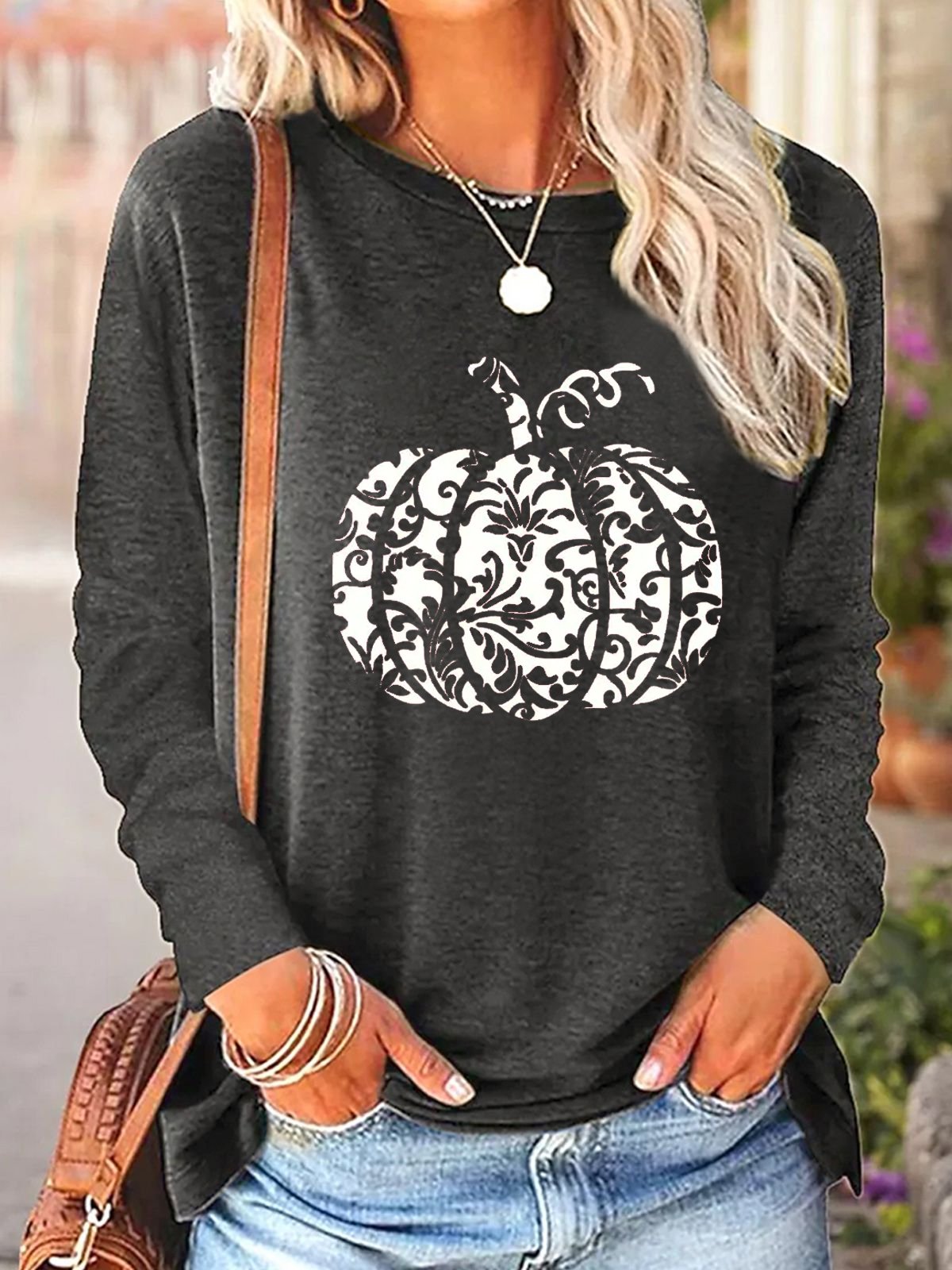 T-shirts Décontracté Printemps / Automne Motif de citrouille Ample Col Rond Régulier Droit Régulier Élasticité moyenne pour Femmes