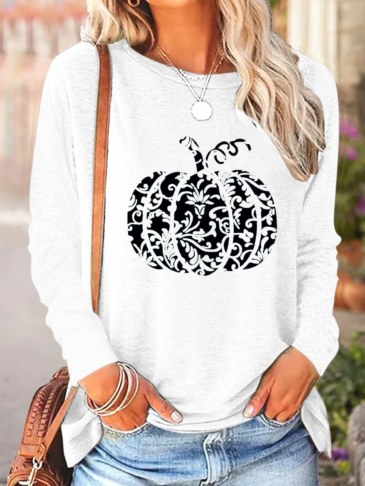 T-shirts Décontracté Printemps / Automne Motif de citrouille Ample Col Rond Régulier Droit Régulier Élasticité moyenne pour Femmes