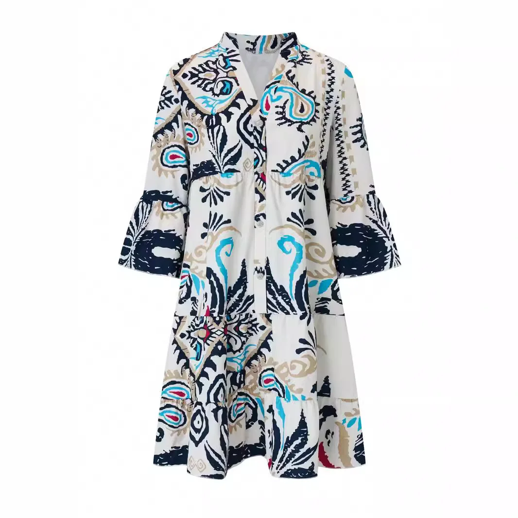 Femmes Ethnique Fleur Col V Confortable Mini Robe Décontracté