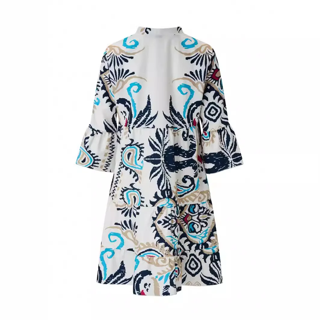 Femmes Ethnique Fleur Col V Confortable Mini Robe Décontracté
