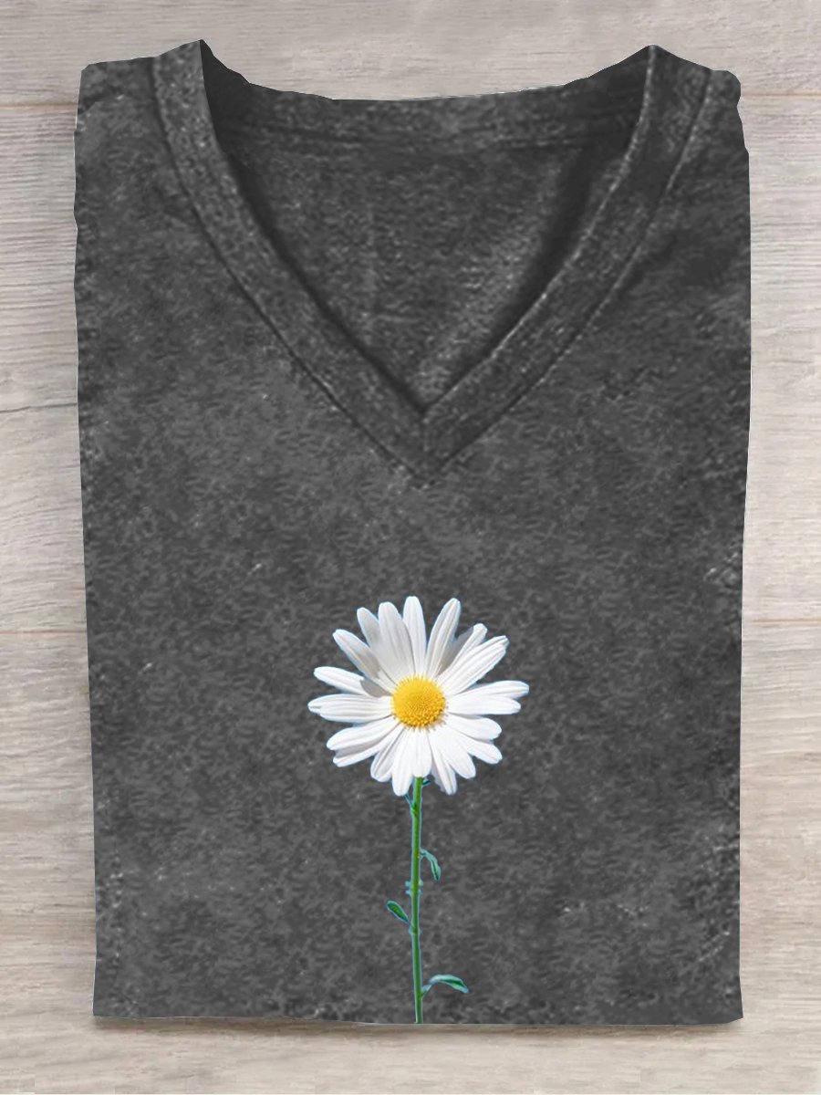 T-shirts Décontracté Floral Été Col V Ample Manches Courtes en Mélangé de Coton Régulier Oui pour Femmes