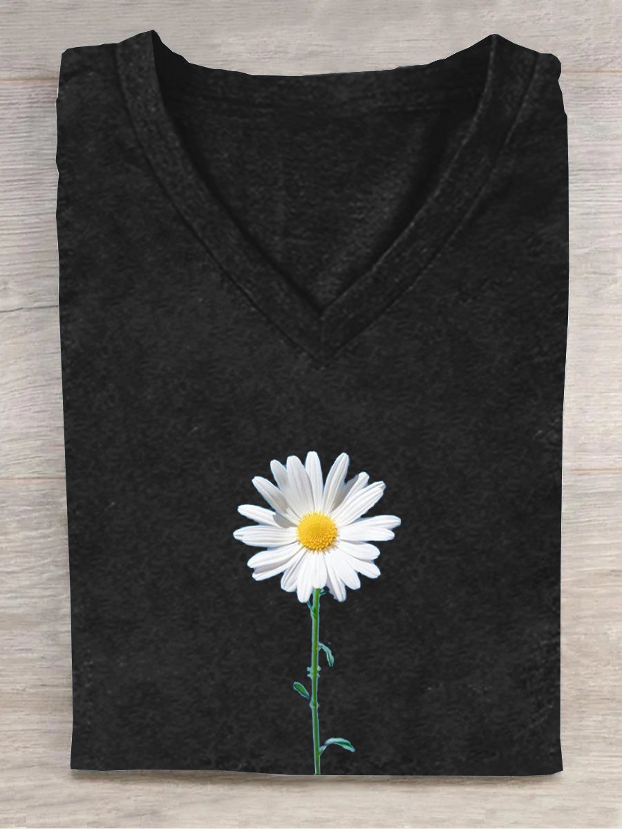 T-shirts Décontracté Floral Été Col V Ample Manches Courtes en Mélangé de Coton Régulier Oui pour Femmes