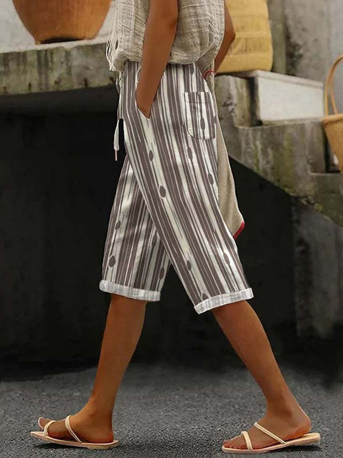 Pantalons Rayé Décontracté Été Polyester Aucune élasticité Ample Taille Élastique Droit Régulier pour Femmes