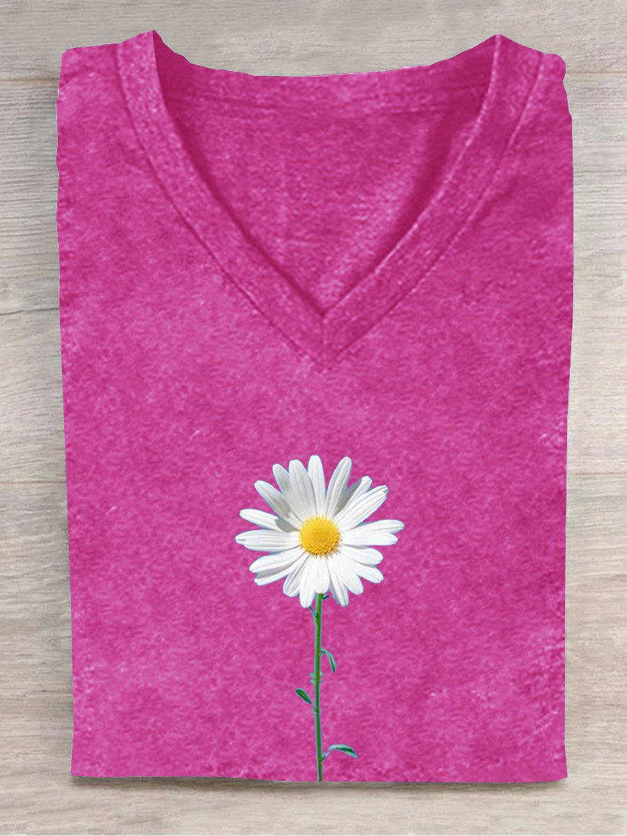T-shirts Décontracté Floral Été Col V Ample Manches Courtes en Mélangé de Coton Régulier Oui pour Femmes