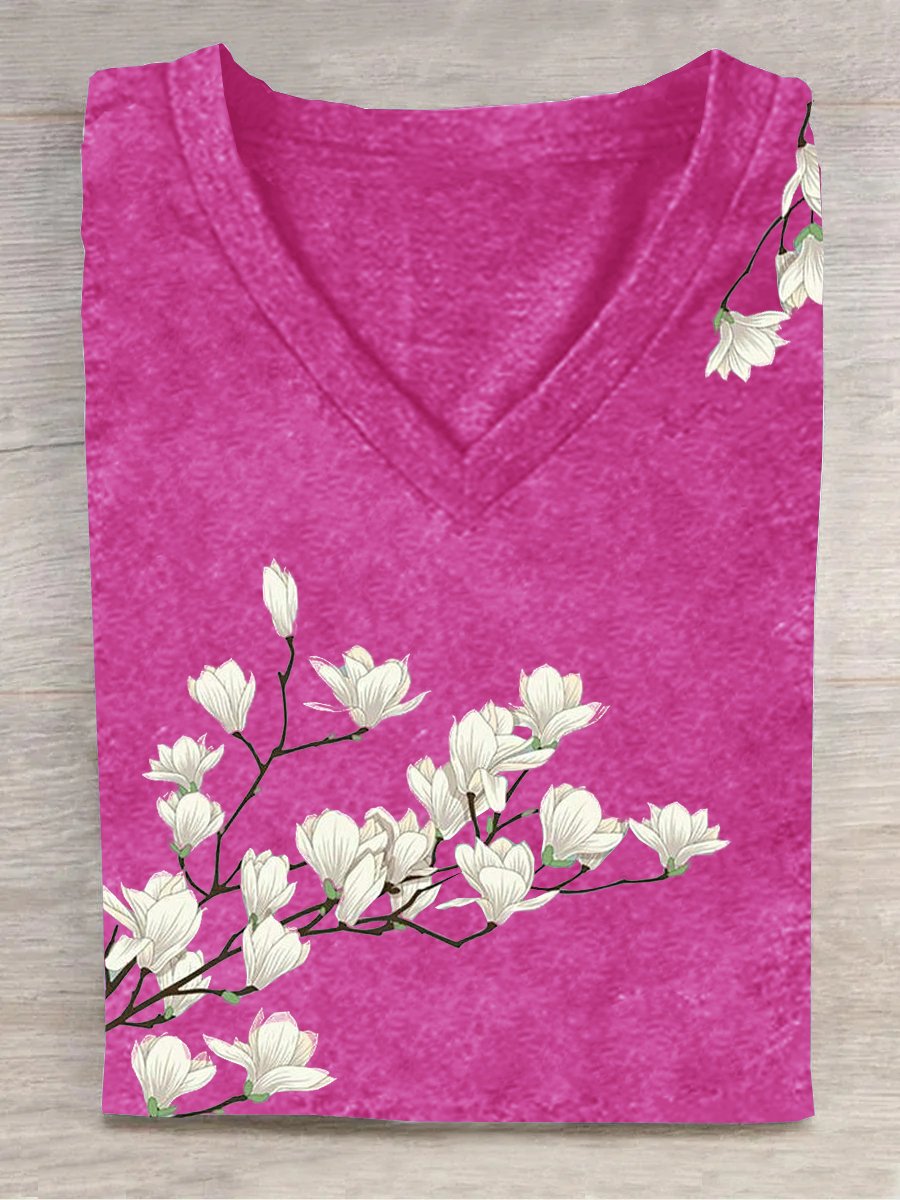 T-shirts Femmes Décontracté Floral Été Quotidien Ample en Mélangé de Coton Régulier Droit Oui
