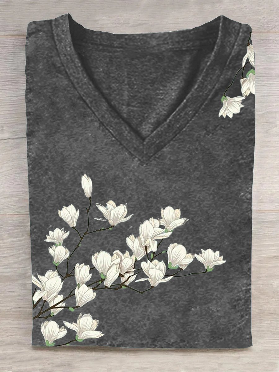 T-shirts Femmes Décontracté Floral Été Quotidien Ample en Mélangé de Coton Régulier Droit Oui