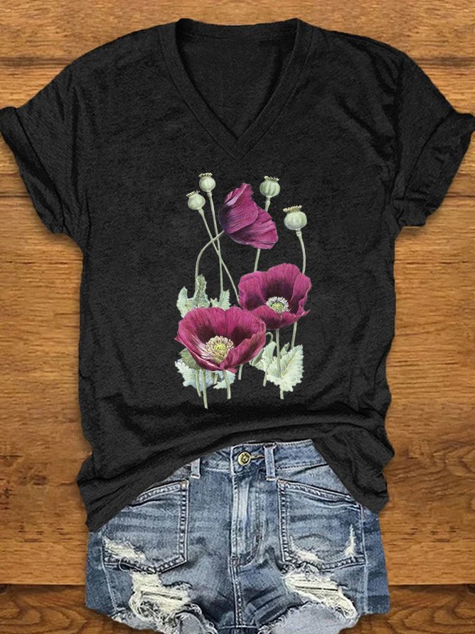 T-shirts Femmes Décontracté Floral Été Tricoté Col V Manches Courtes Régulier Droit Oui