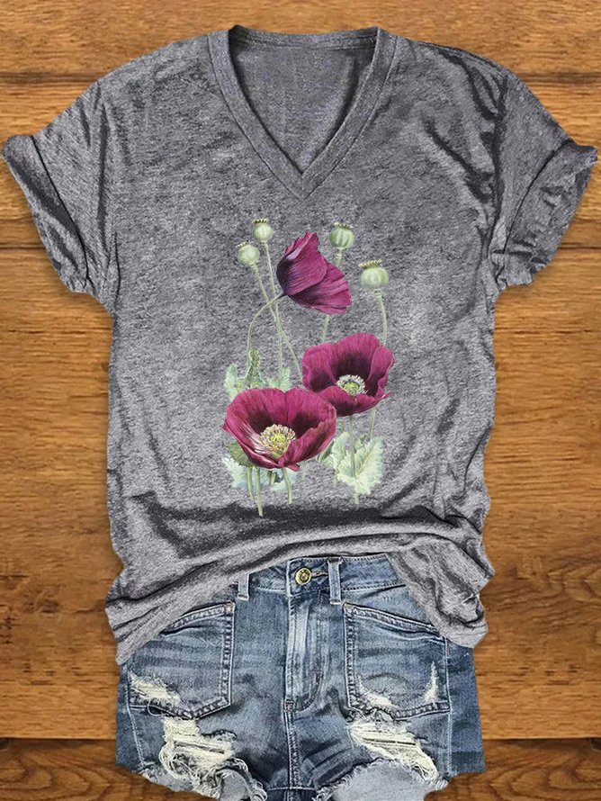 T-shirts Femmes Décontracté Floral Été Tricoté Col V Manches Courtes Régulier Droit Oui