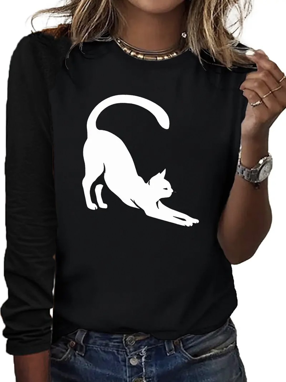 T-shirts Femmes Décontracté Printemps / Automne Chat Ample Manches Longues Col Rond en Mélangé de Coton Régulier Élasticité moyenne