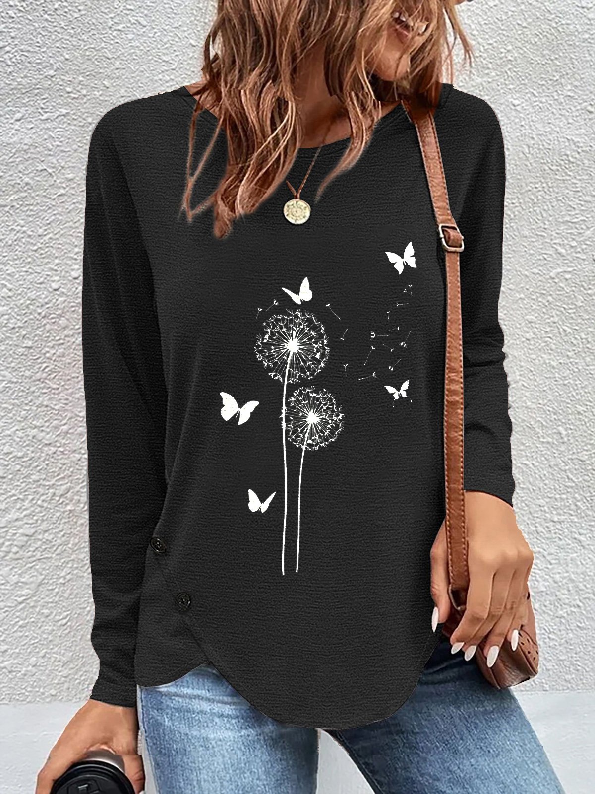 T-shirts Femmes Décontracté Printemps / Automne Pissenlit Quotidien Meilleure vente Manches Longues Irrégulier Artisanat Régulier Élasticité moyenne
