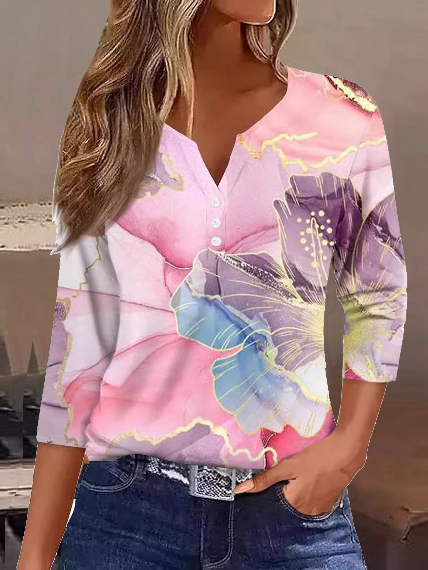 T-shirts Femmes Décontracté Floral Printemps / Automne Col V Micro-élasticité Jersey Manches trois quarts Régulier Droit