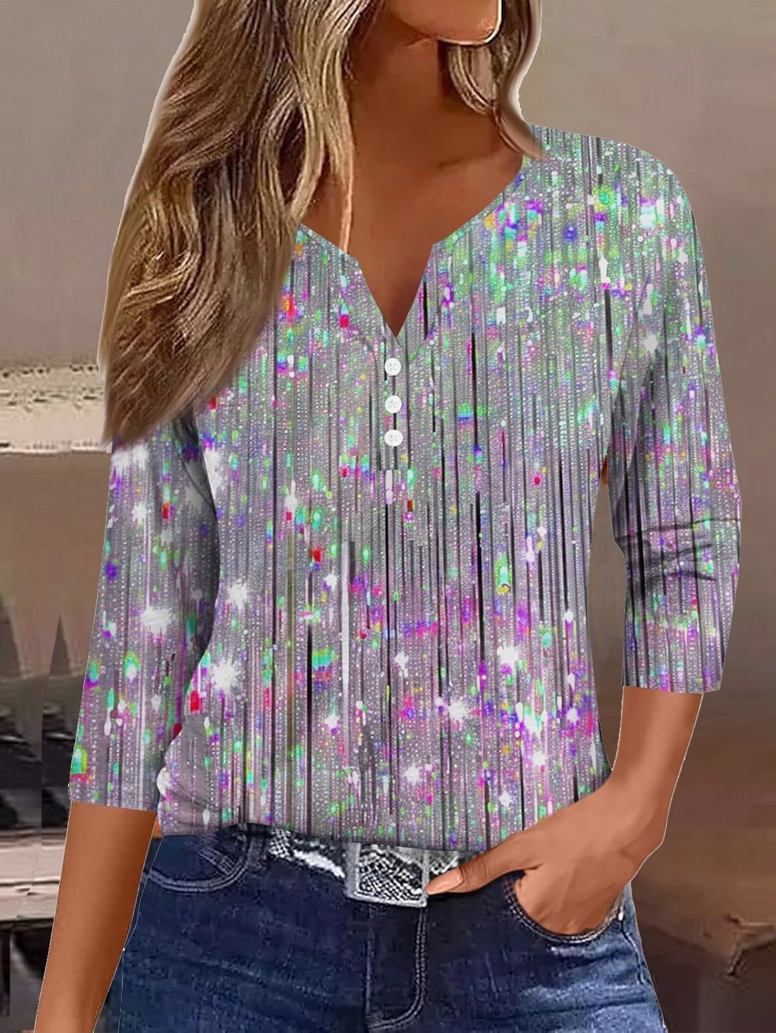 T-shirts Femmes Décontracté Floral Printemps / Automne Col V Micro-élasticité Jersey Manches trois quarts Régulier Droit