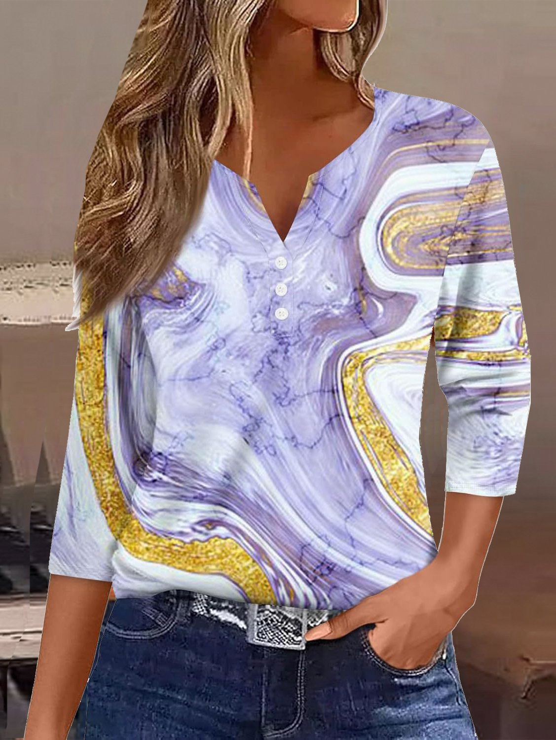T-shirts Femmes Décontracté Floral Printemps / Automne Col V Micro-élasticité Jersey Manches trois quarts Régulier Droit