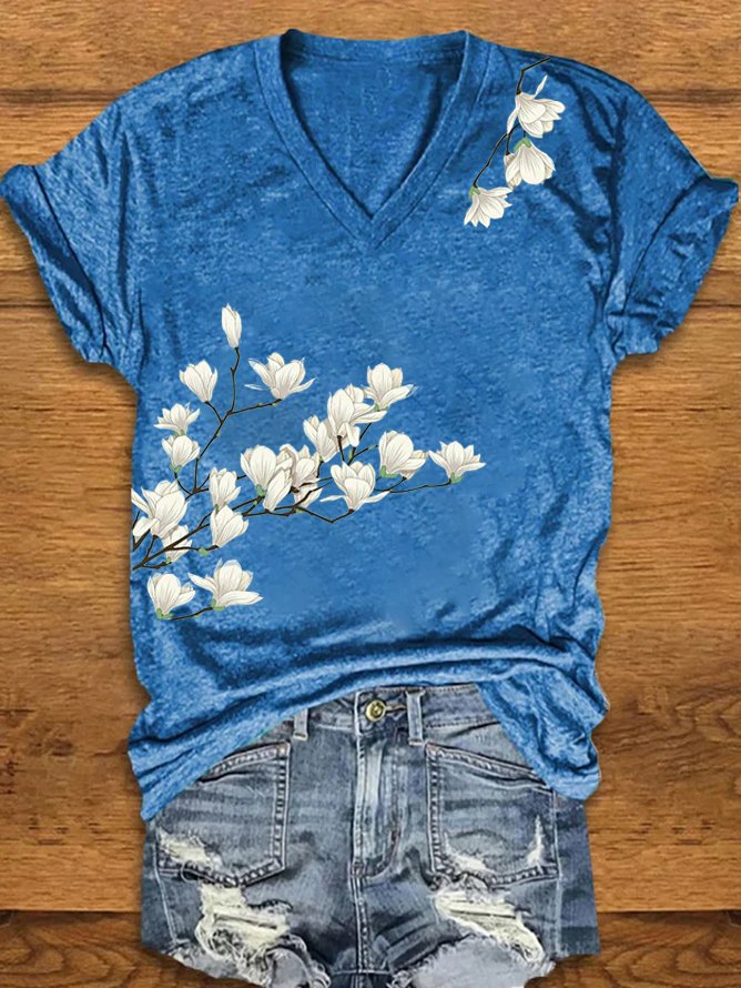 T-shirts Femmes Décontracté Floral Été Quotidien Ample en Mélangé de Coton Régulier Droit Oui