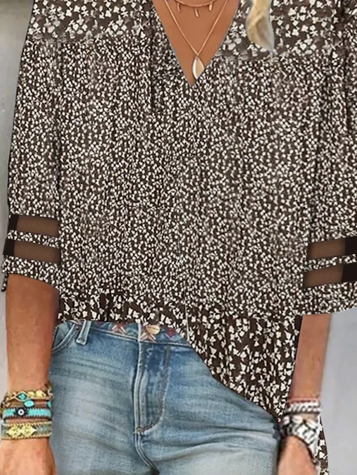 Chemisiers1 Décontracté Printemps / Automne Petites fleurs Polyester Quotidien Ample Manches trois quarts Régulier Maille pour Femmes
