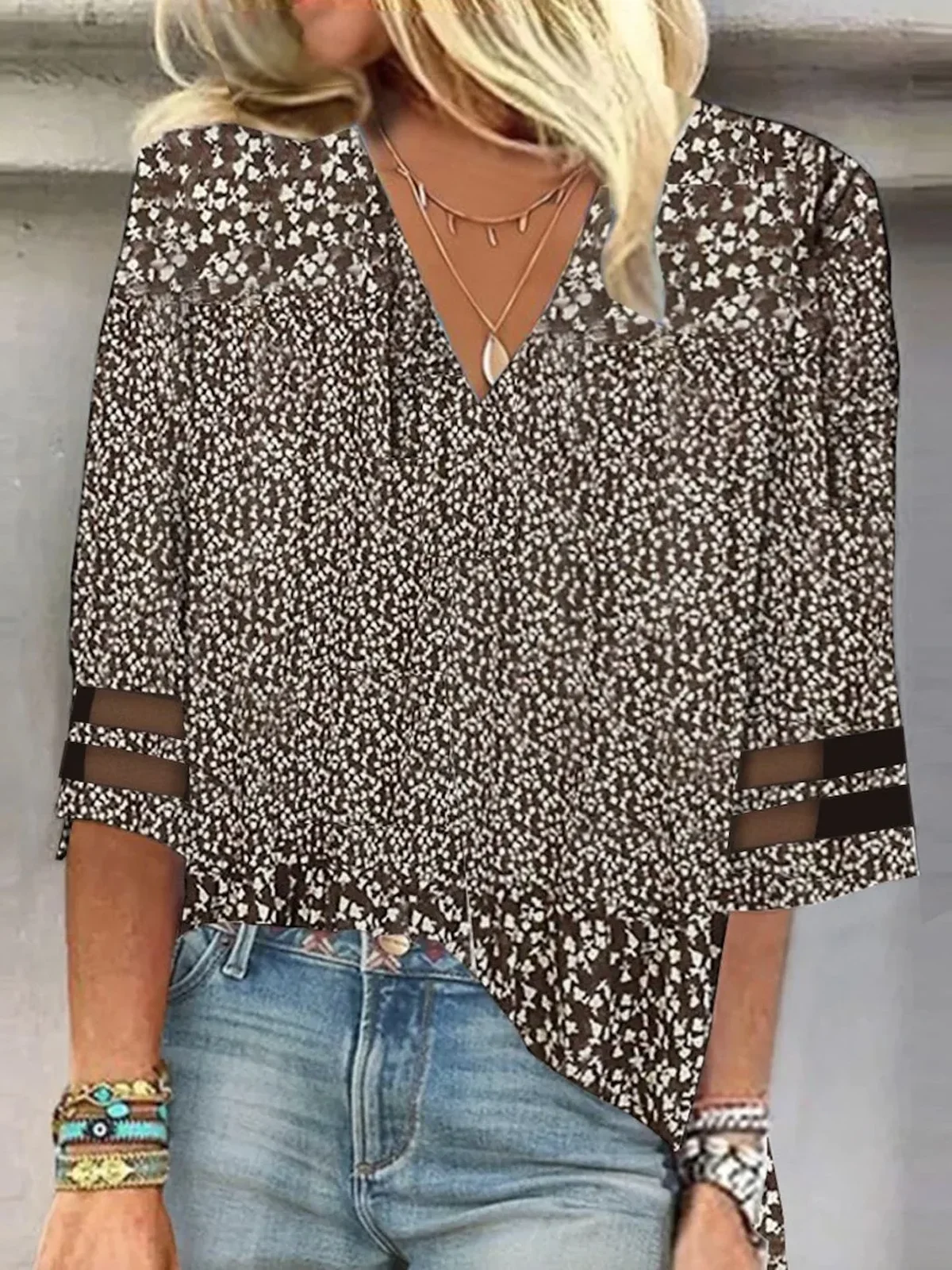 Chemisiers1 Décontracté Printemps / Automne Petites fleurs Polyester Quotidien Ample Manches trois quarts Régulier Maille pour Femmes