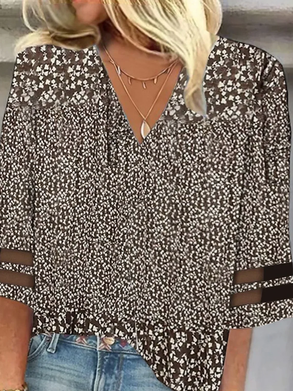 Chemisiers1 Décontracté Printemps / Automne Petites fleurs Polyester Quotidien Ample Manches trois quarts Régulier Maille pour Femmes