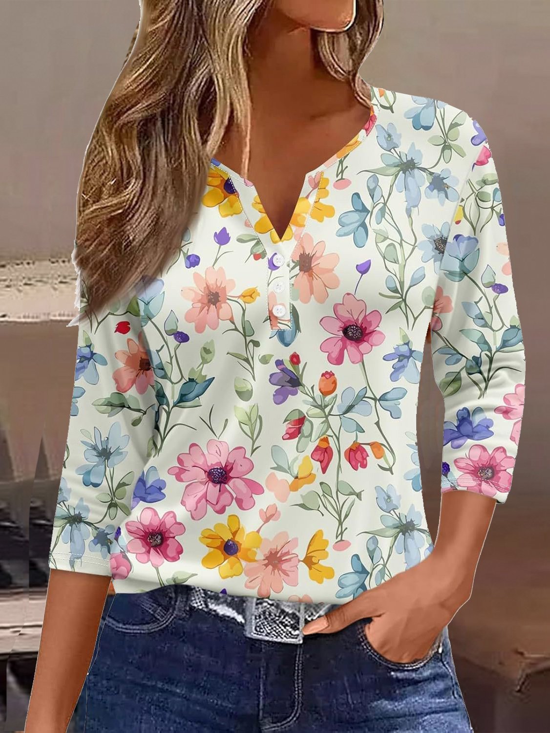 T-shirts Femmes Décontracté Floral Printemps / Automne Col V Micro-élasticité Jersey Manches trois quarts Régulier Droit