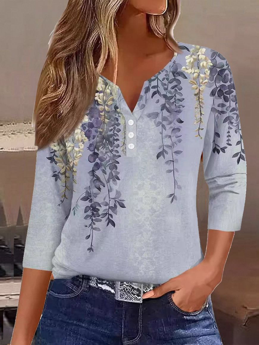 T-shirts Femmes Décontracté Floral Printemps / Automne Col V Micro-élasticité Jersey Manches trois quarts Régulier Droit
