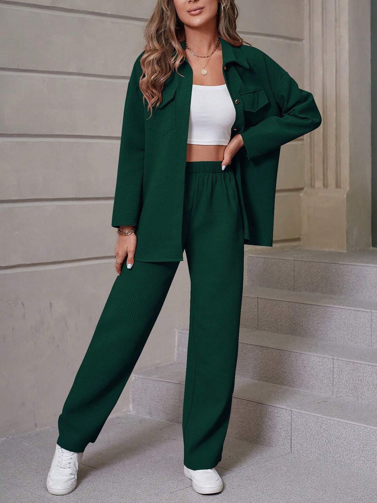 Deux Pièces Ensembles Femmes Décontracté Plain Printemps / Automne Ample Manches Longues Col Rond Top Avec Pantalons Droit Régulier