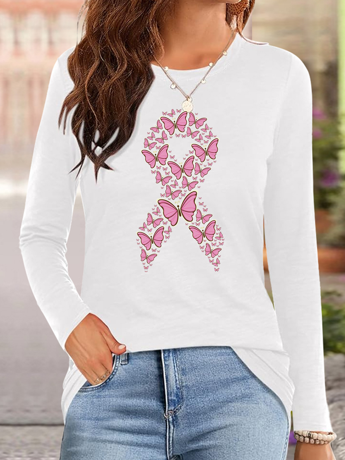T-shirts Femmes Décontracté Printemps / Automne Papillon Coton Quotidien Ample Manches Longues Col Rond Régulier