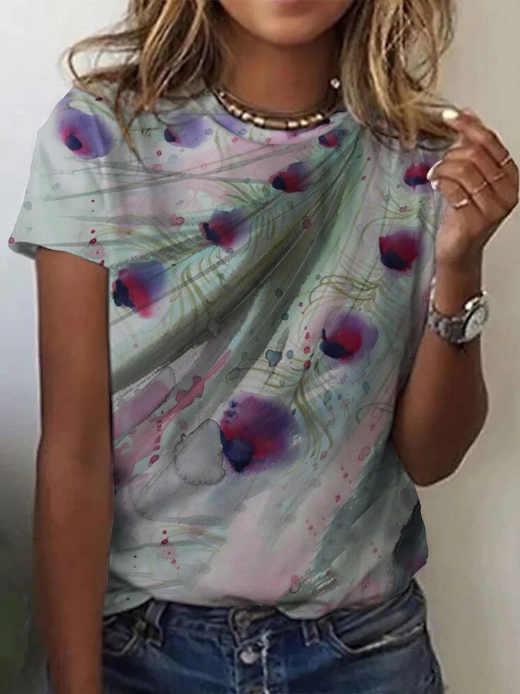 T-shirts Femmes Décontracté Été Bleu Paon Quotidien Ample Manches Courtes Régulier Droit Non
