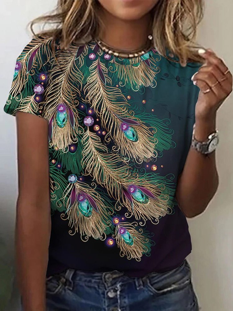 T-shirts Femmes Décontracté Été Bleu Paon Quotidien Ample Manches Courtes Régulier Droit Non