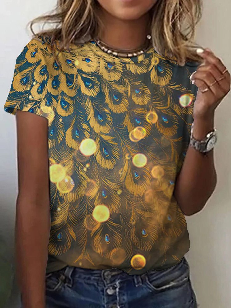 T-shirts Femmes Décontracté Été Bleu Paon Quotidien Ample Manches Courtes Régulier Droit Non